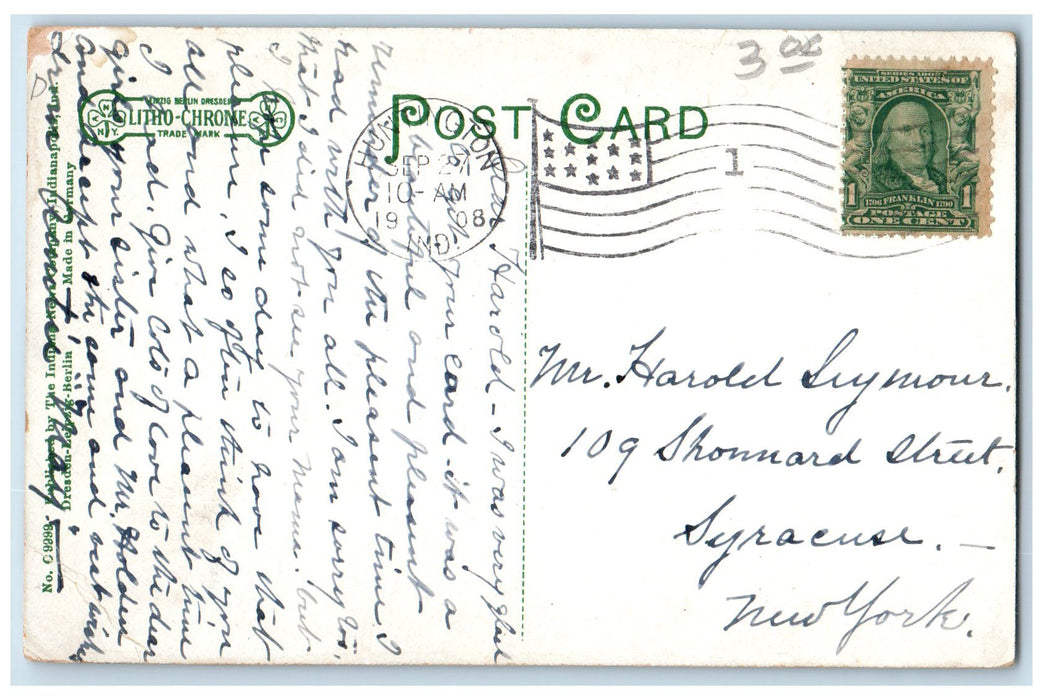 1908 City Building Exterior Trolley Scene Huntington Indiana IN Posted Postcard