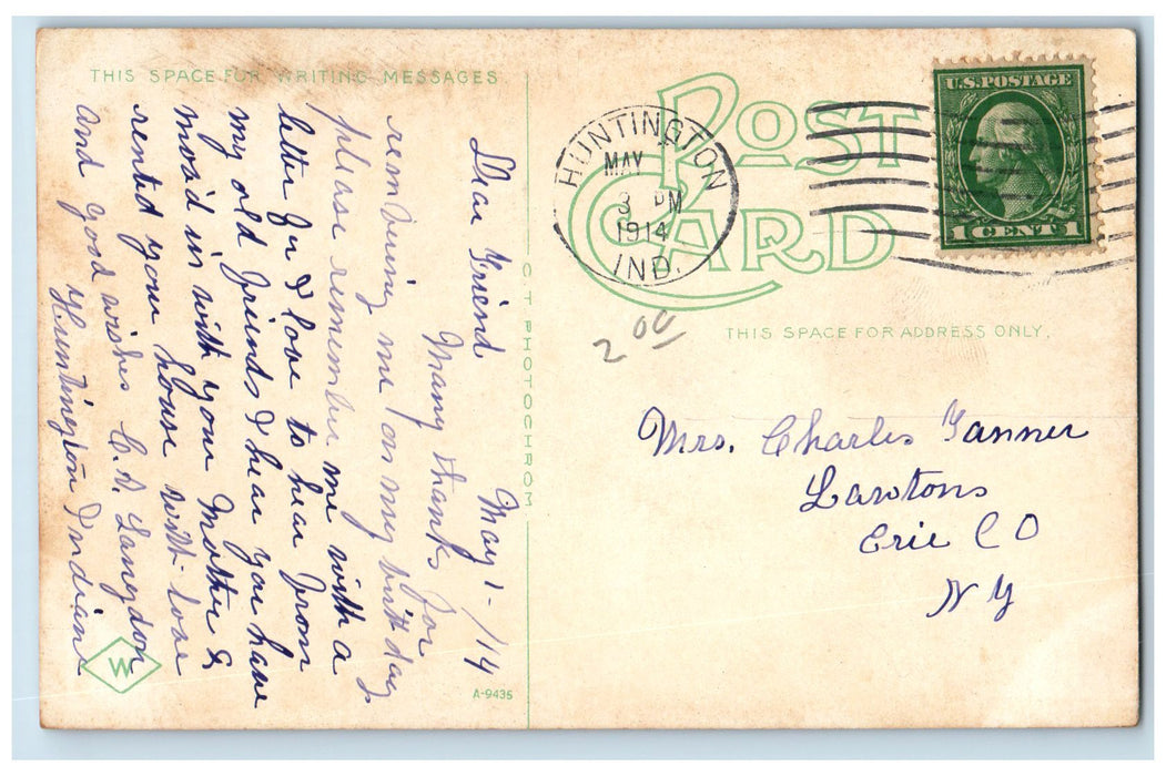 1914 Market Street Looking West Huntington Indiana IN Posted Church  Postcard