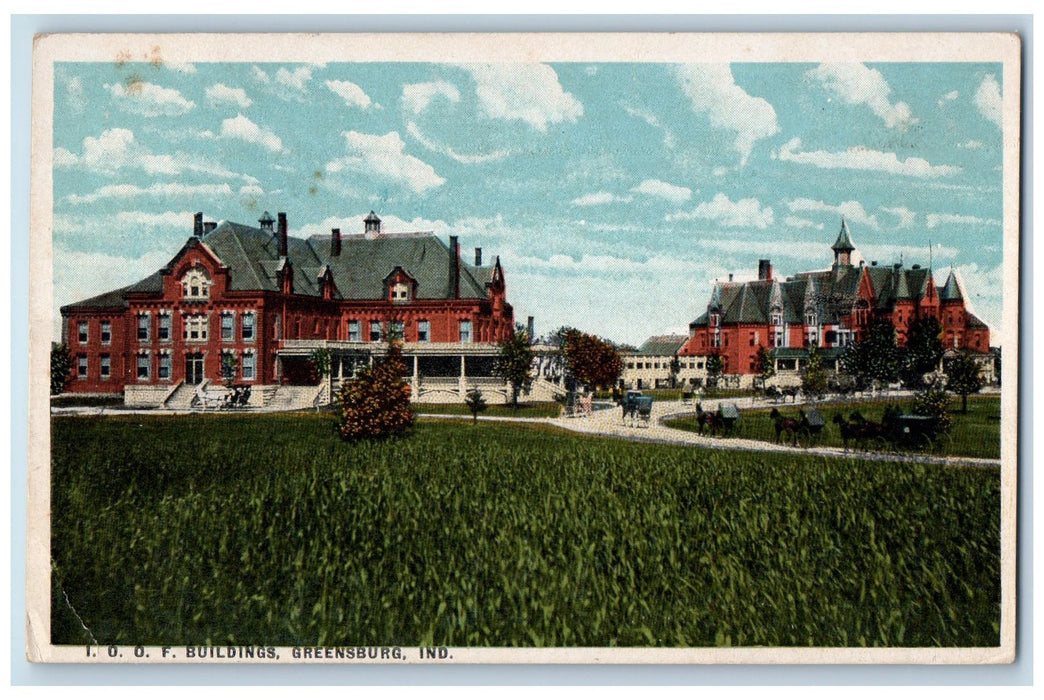 1920 I.O.O.F. Buildings Exterior Scene Greensburg Indiana IN Carriages Postcard