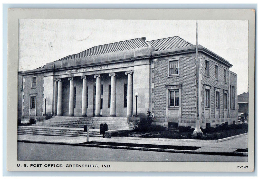 1948 United States Post Office Exterior Roadside Greensburg Indiana IN Postcard