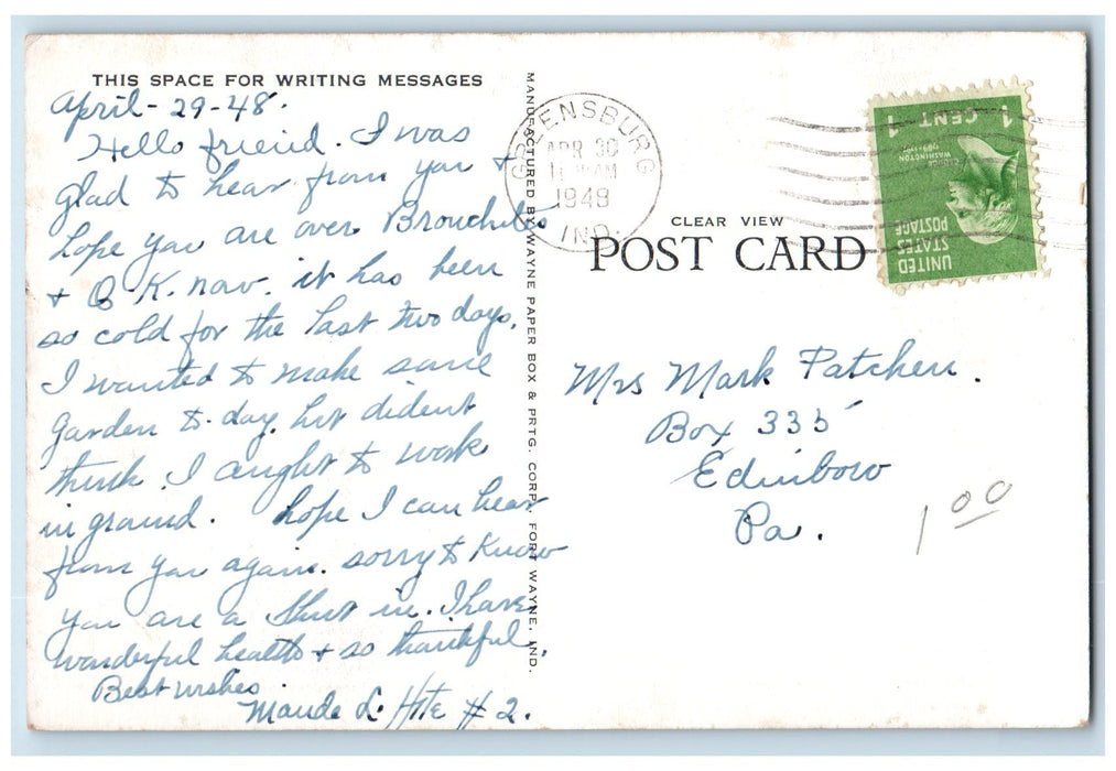 1948 United States Post Office Exterior Roadside Greensburg Indiana IN Postcard