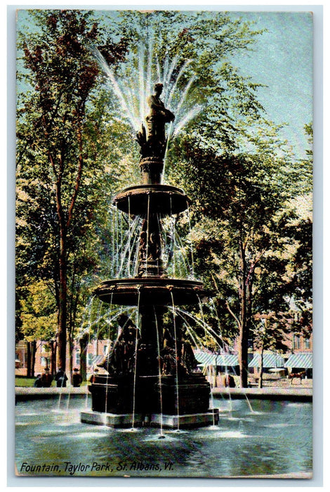 1910 Fountain Taylor Park Trees Tourists Stores ST. Albans Vermont VT Postcard