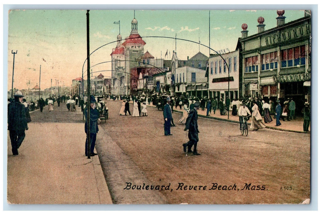 1910 Boulevard Revere Beach People Scene Massachusetts MA Posted Horse Postcard