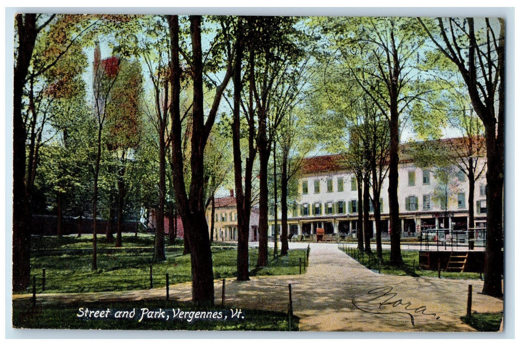 1909 Street & Park Pathways Trees Front Building Vergennes Vermont VT Postcard