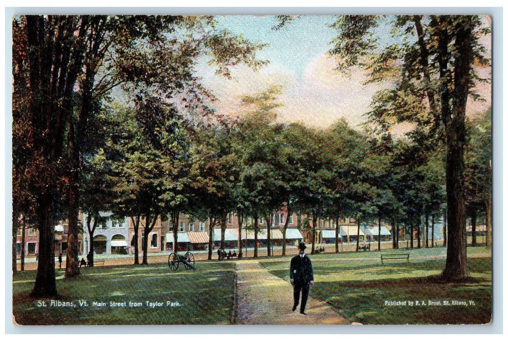 c1950's Main Street From Taylor Park Cannon Bench St. Albans Vermont VT Postcard