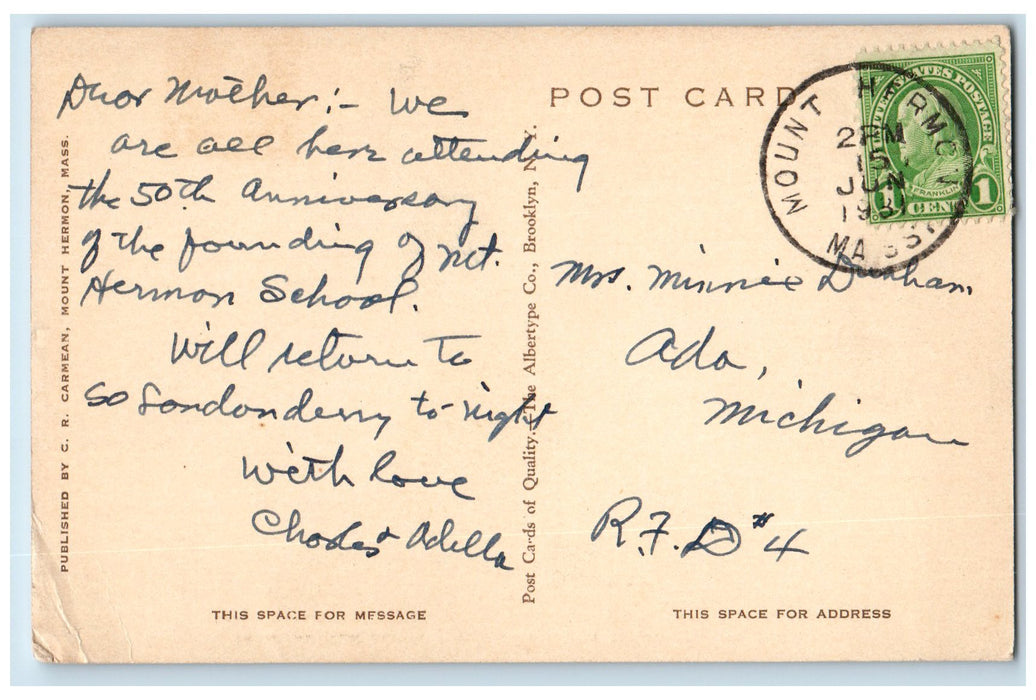 1931 The Chapel Mount Hermon School Scene Mount Hermon Massachusetts MA Postcard