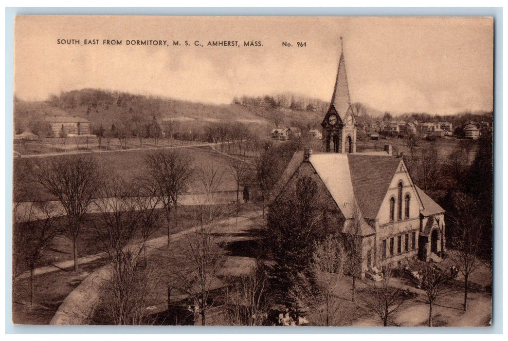 c1940s South East From Dormitory M.S.C. Amherst Massachusetts MA Trees Postcard