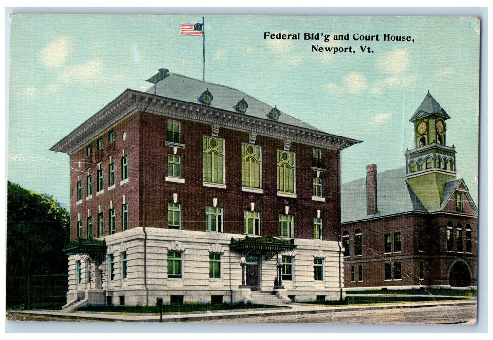 c1950 Federal Building Court House Clock Tower Flag Newport Vermont VT Postcard