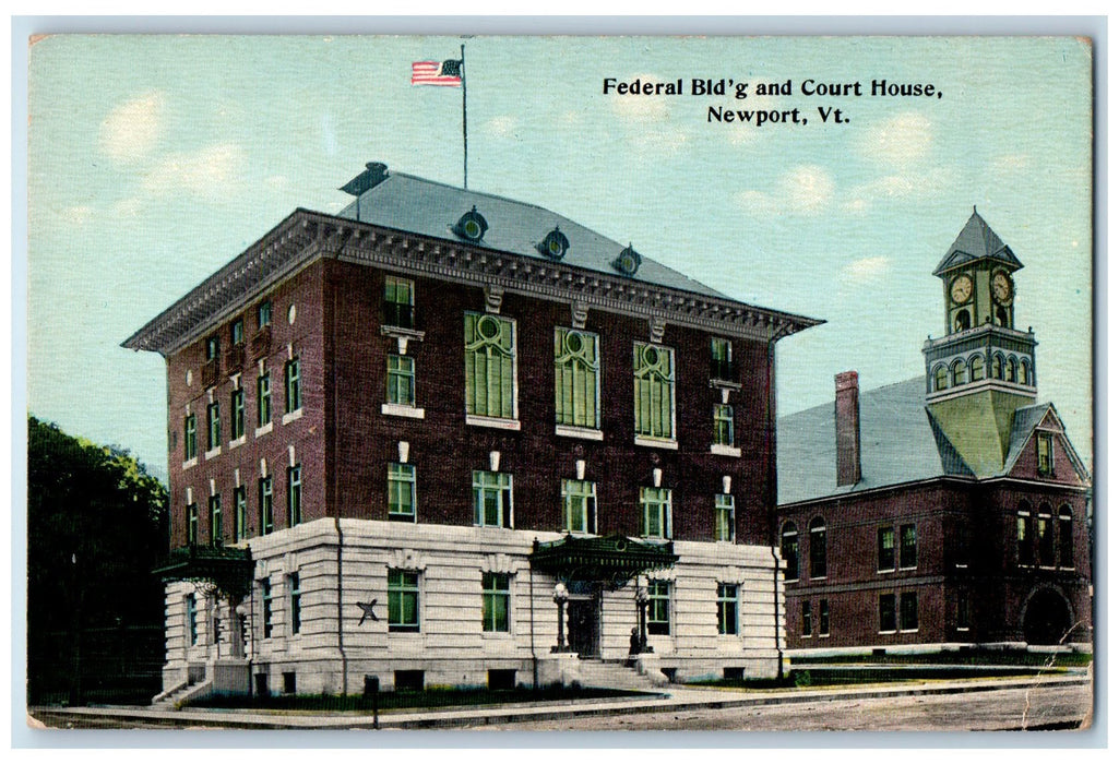 c1950 Federal Building Court House Dirt Road Stairs Entrance Newport VT Postcard