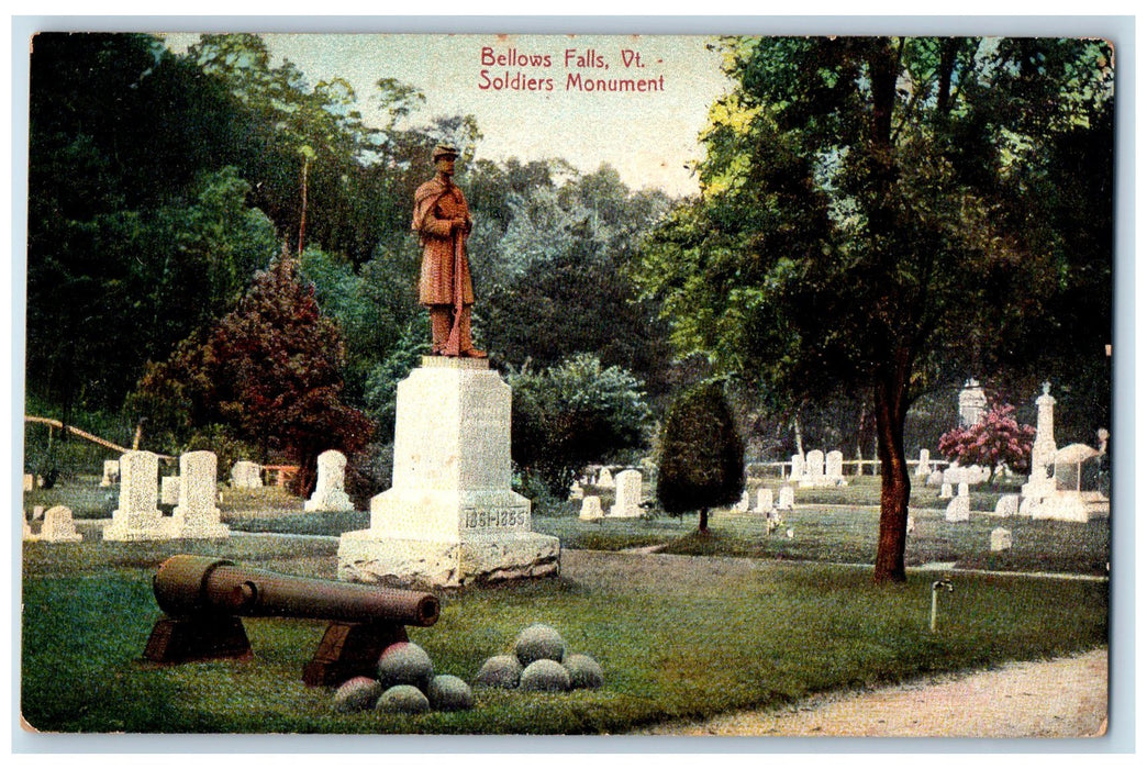 c1950 Soldiers Monument Statue Grave Yard Cannon Trees Bellows Falls VT Postcard