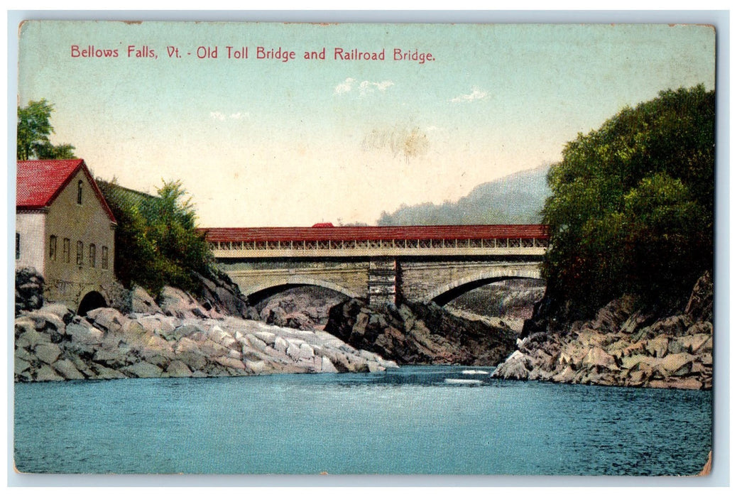 c1950 Old Toll Bridge Railroad Bridge River Lake Grove Bellows Falls VT Postcard