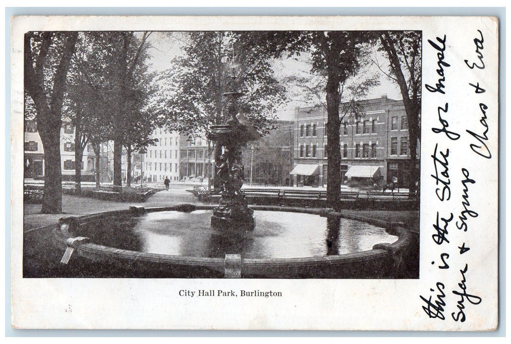 1905 City Hall Park Fountain Trees Buildings View Burlington Vermont VT Postcard