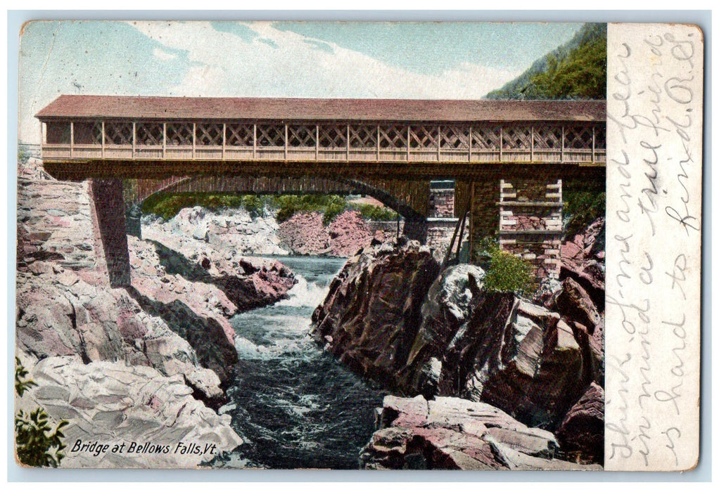 1907 Covered Bridge On Rocks River Lake Views Bellows Falls Vermont VT Postcard