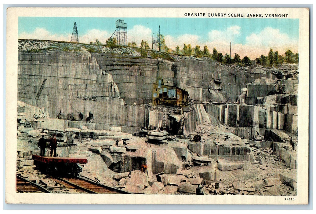 1937 Granite Quarry Scene Railway Workers Cutting View Barre Vermont VT Postcard