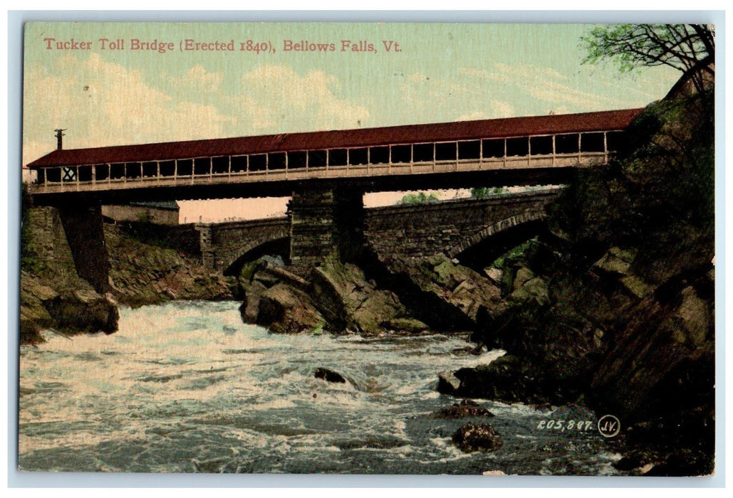 1908 Tucker Toll Covered Bridge 1840 River Bellows Falls Vermont VT Postcard