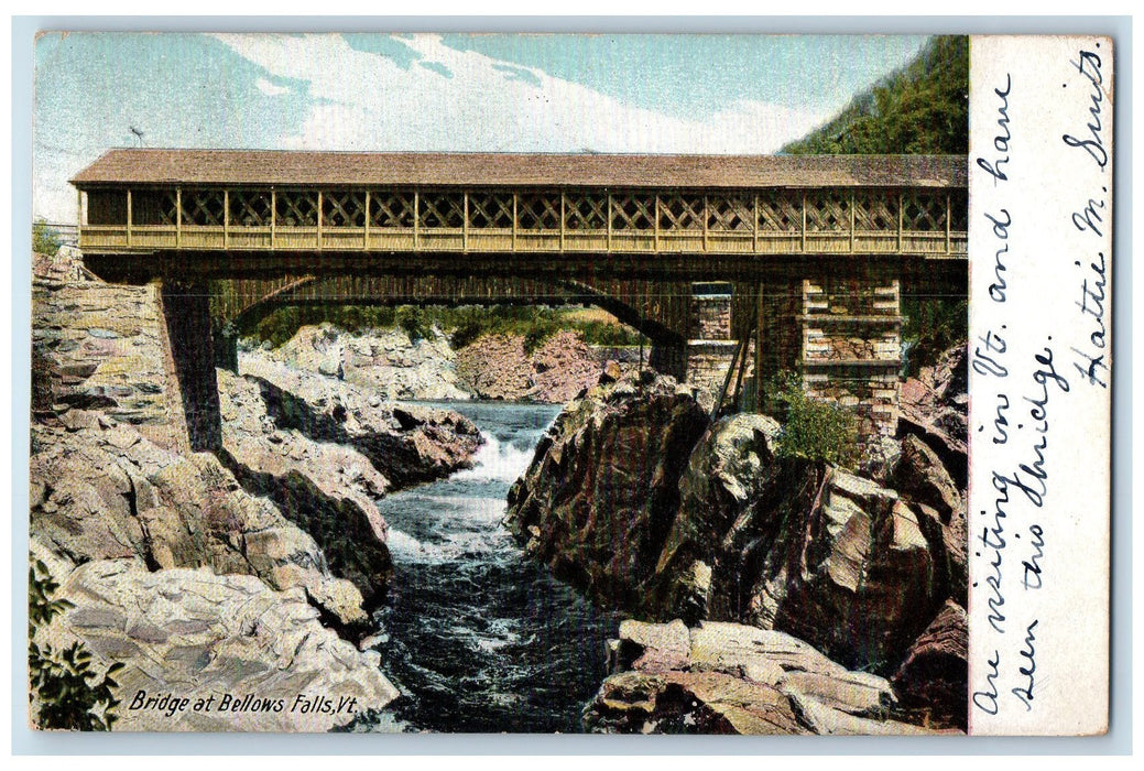 1906 Bridge Covered Toll River Lake Huge Rocks Bellows Falls Vermont VT Postcard