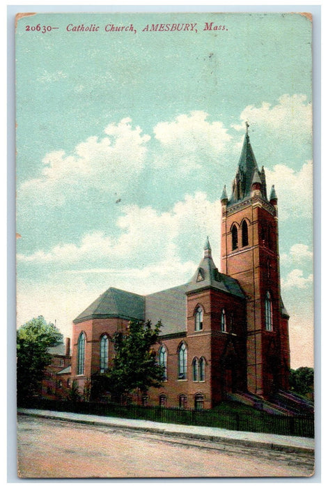 1909 Catholic Church Building Tower Dirt Road Amesbury Massachusetts MA Postcard