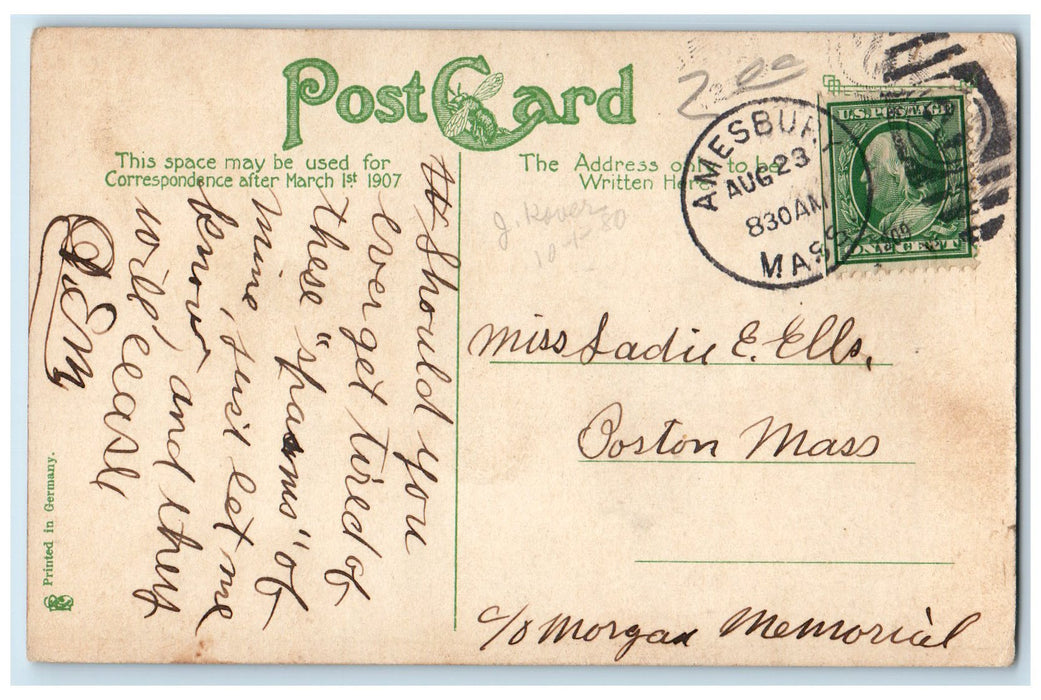 1909 Catholic Church Building Tower Dirt Road Amesbury Massachusetts MA Postcard
