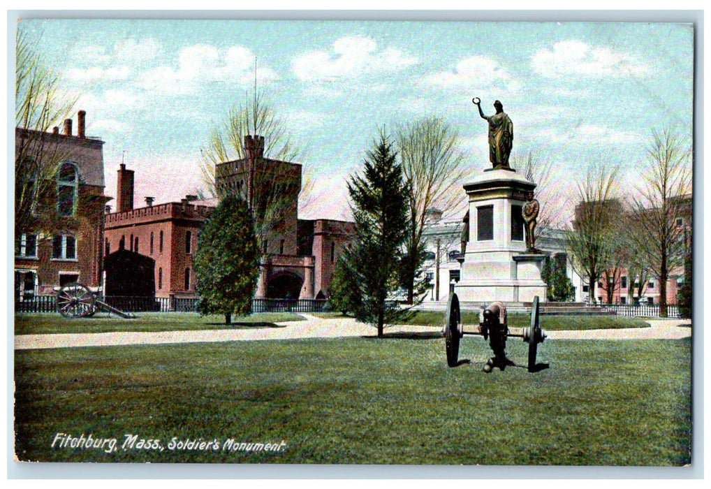 c1905 Soldiers Monument Statue Cannon Trees Fitchburg Massachusetts MA Postcard