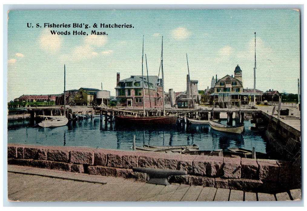 c1910s U.S. Fisheries Bldg. & Hatcheries Woods Hole MA Unposted Boats Postcard