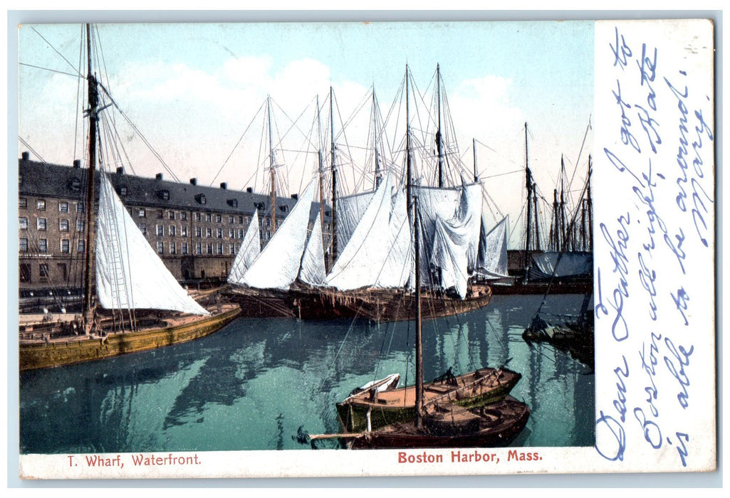 1906 T Wharf Waterfront Sailboat Docking Boston Harbor Massachusetts MA Postcard