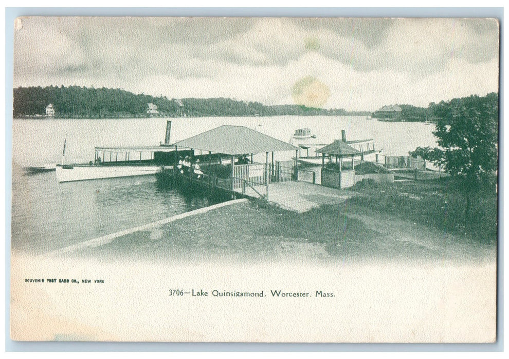 c1905 Lake Quinsigamond Docking Boats Harbor Waiting Shed Worcester MA Postcard
