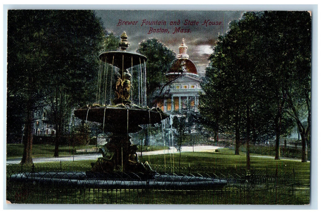 c1950 Brewer Fountain State House Building Dome Boston Massachusetts MA Postcard