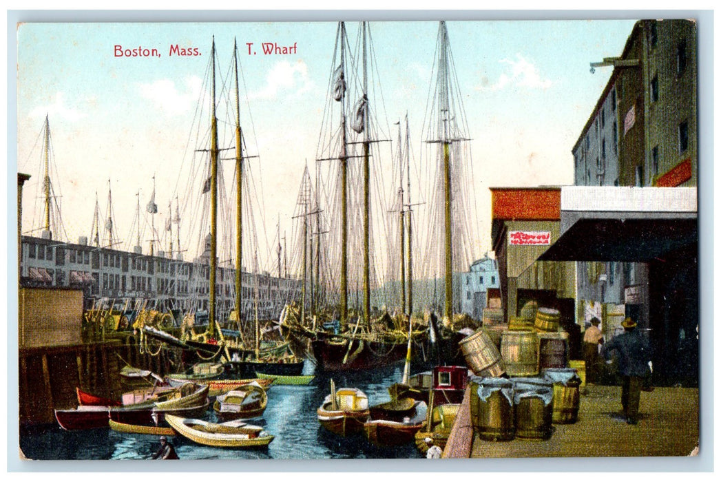 c1950 T. Wharf Sailboat Boats Docking Building Boston Massachusetts MA Postcard