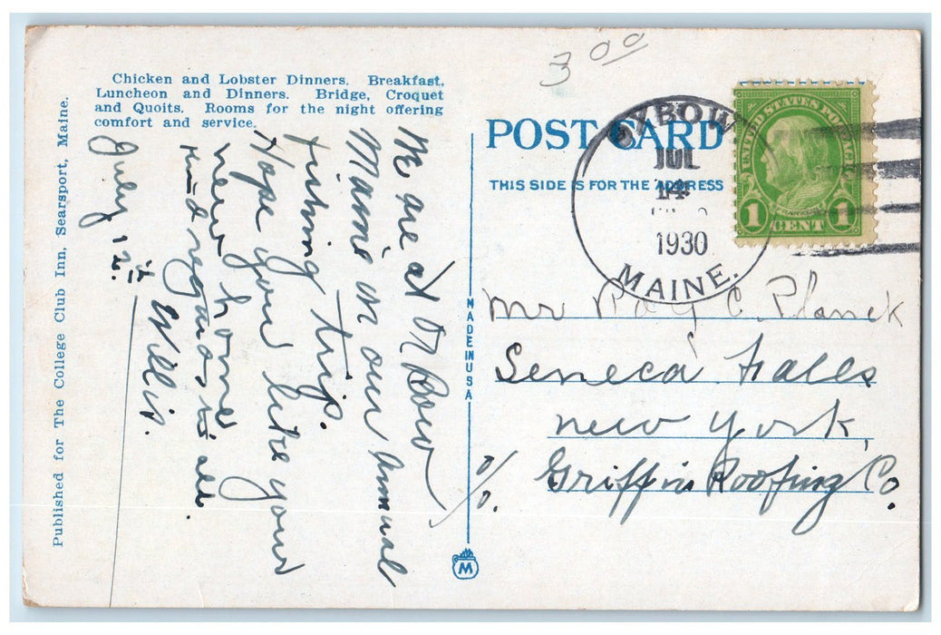 1930 The College Club Inn Scene & Restaurant Searsport Maine ME Posted Postcard