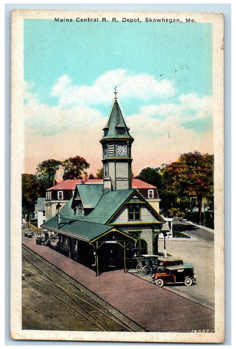 1942 Main Central Railroad Depot Exterior Skowhegan Maine ME Posted Car Postcard