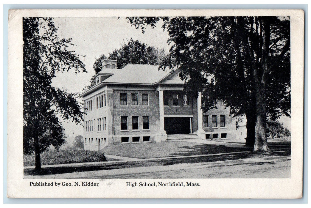 1914 High School Campus Building Entrance Northfield Massachusetts MA Postcard