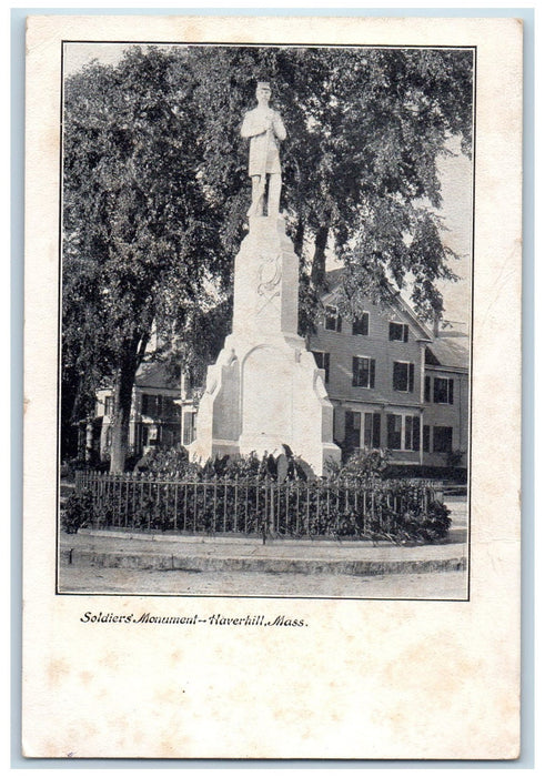 1909 Soldiers Monument Statue Fence Trees Haverhill Massachusetts MA Postcard