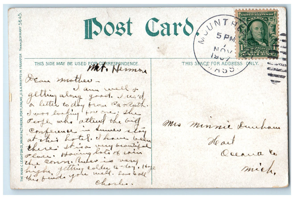 1907 Hotel Northfield Building Restaurant Porch View East Northfield MA Postcard
