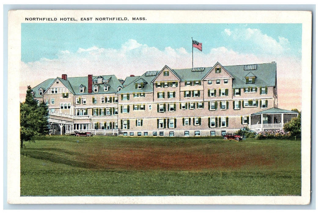 1929 Northfield Hotel Restaurant Building Field Flag East Northfield MA Postcard