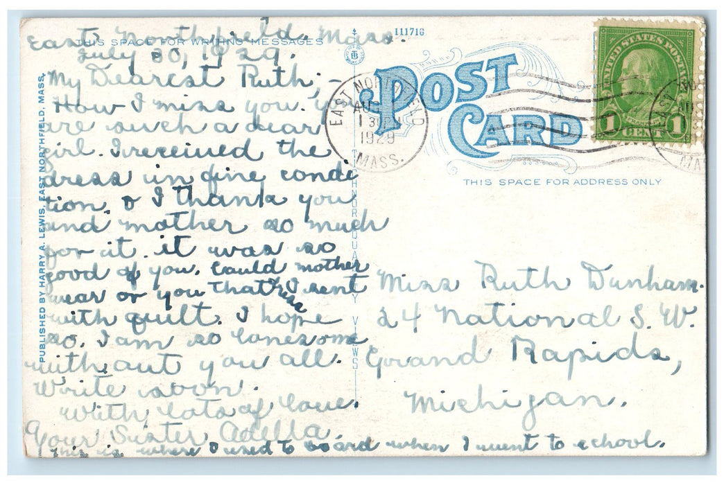 1929 Northfield Hotel Restaurant Building Field Flag East Northfield MA Postcard