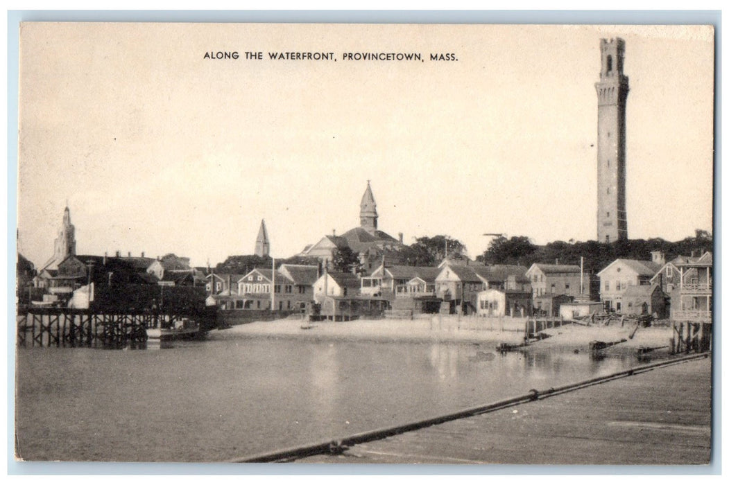 c1950's Along The Waterfront Buildings Towers Beach Provincetown MA Postcard