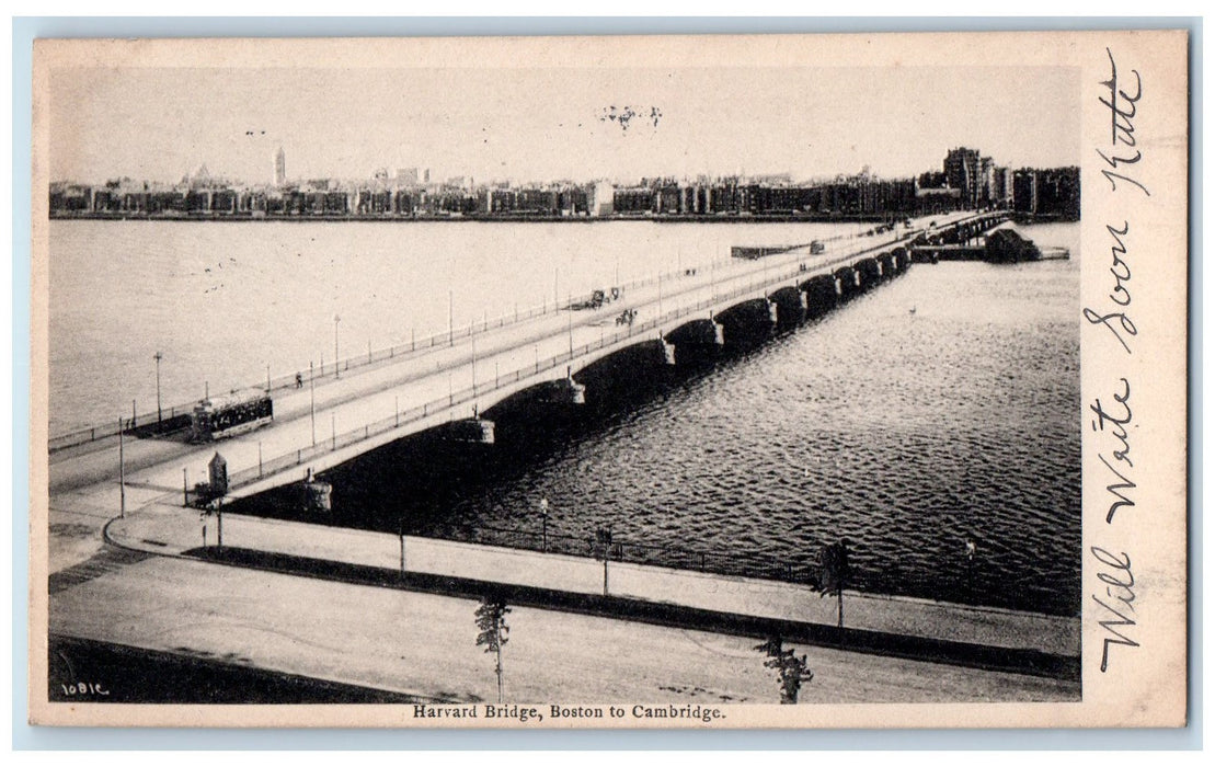1908 Harvard Bridge Boston Cambridge Trolley Building Massachusetts MA Postcard