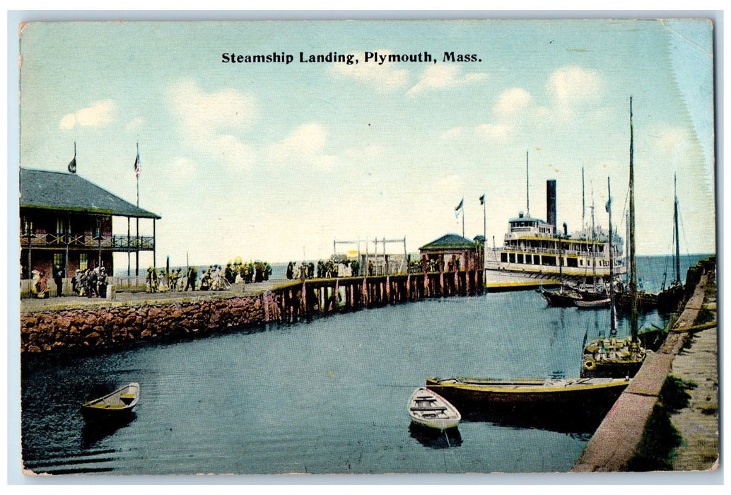 c1950's Steamship Landing Harbor Passenger Boat Smokestacks Plymouth MA Postcard