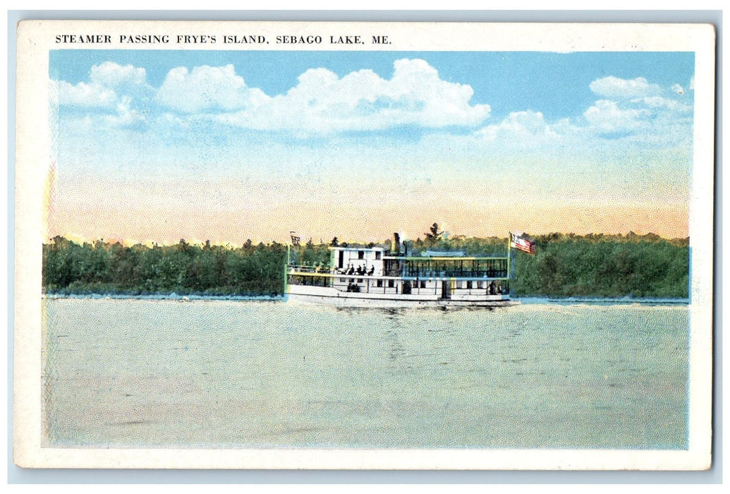 c1950's Steaming Passing Frye's Island Passenger Boat Sebago Lake ME Postcard