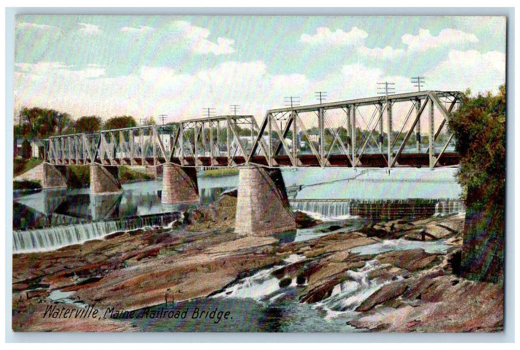 c1905 Railroad Truss Bridge River Layered Falls Waterville Maine ME Postcard