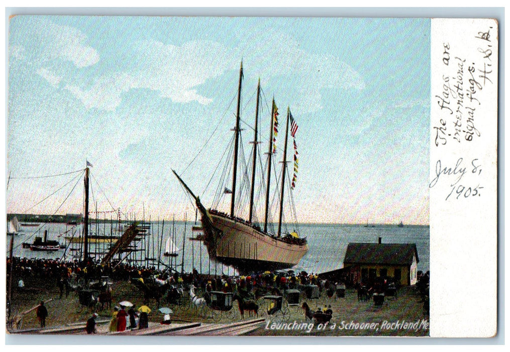 c1905 Launching Of Schooner Ship Watching Crowd Flags Rockland Maine ME Postcard