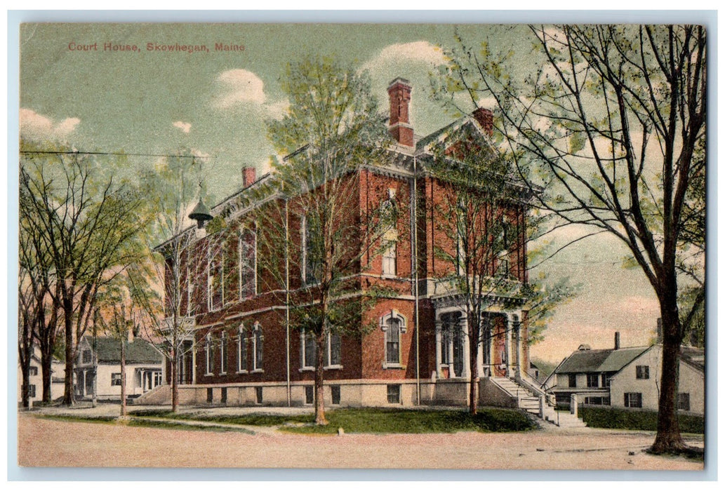 c1950 Court House Building Stairs Entrance Dirt Road Skowhegan Maine ME Postcard