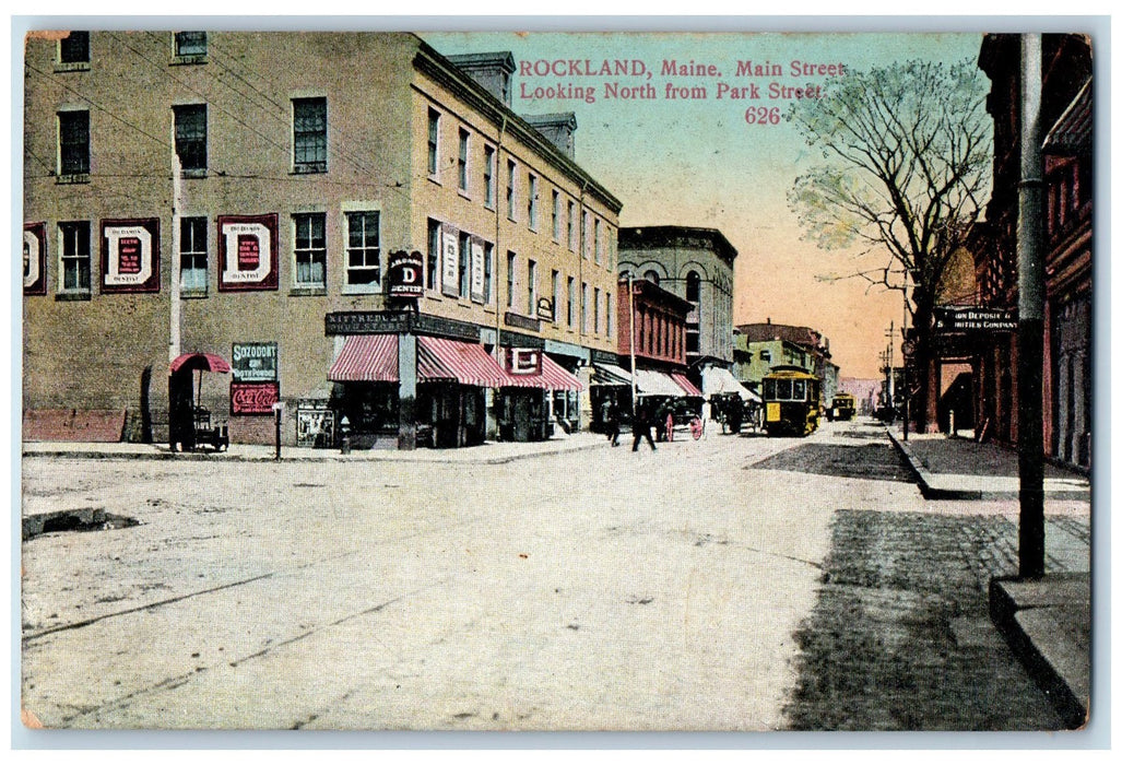 c1950 Main Street Trolley Railway Stores Dirt Road Building Rockland ME Postcard