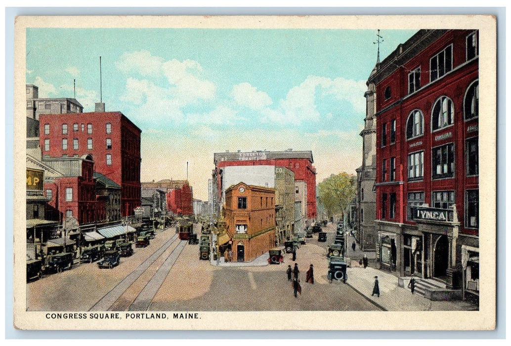 c1920 Congress Square Buildings Classic Cars Railway Portland Maine ME Postcard