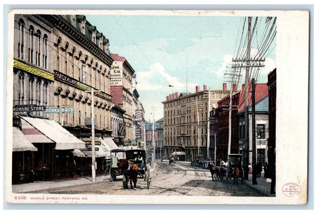 1909 Middle Street Horse Carriage Dirt Road Railway Portland Maine ME Postcard