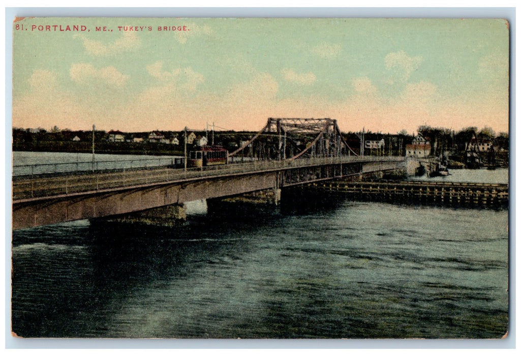 c1950's Tukey's Truss Bridge Trolley Railway Building Portland Maine ME Postcard