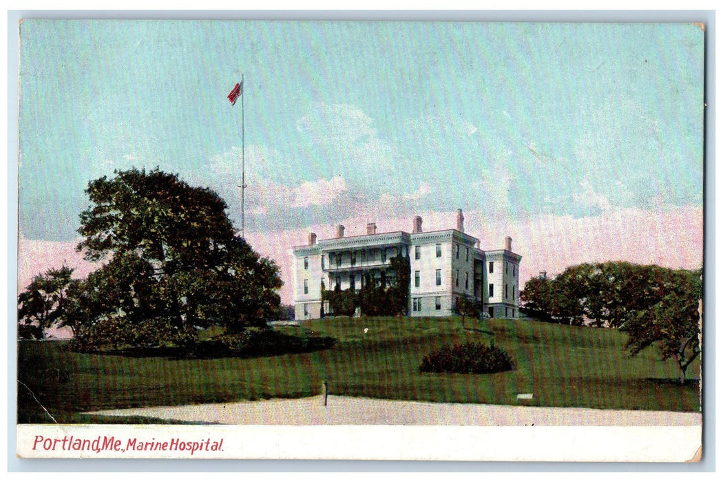 c1950's Marine Hospital Building Ground Flag Trees Portland Maine ME Postcard