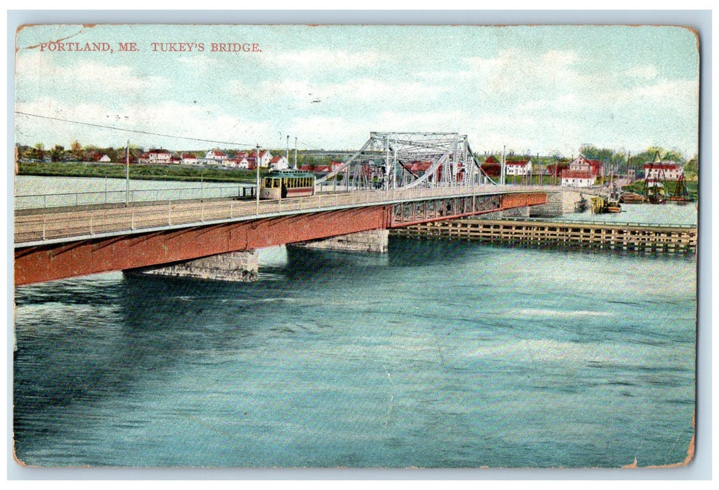 1908 Tukey's Truss Bridge Trolley Harbor Boats Dock Portland ME Posted Postcard