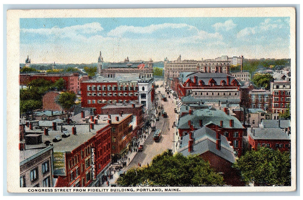 1917 Congress Street From Fidelity Building Trolley Railway Portland ME Postcard