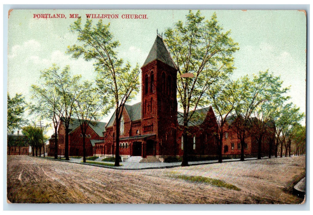 c1950's Williston Church Building Dirt Road Tower Stairs Portland ME Postcard
